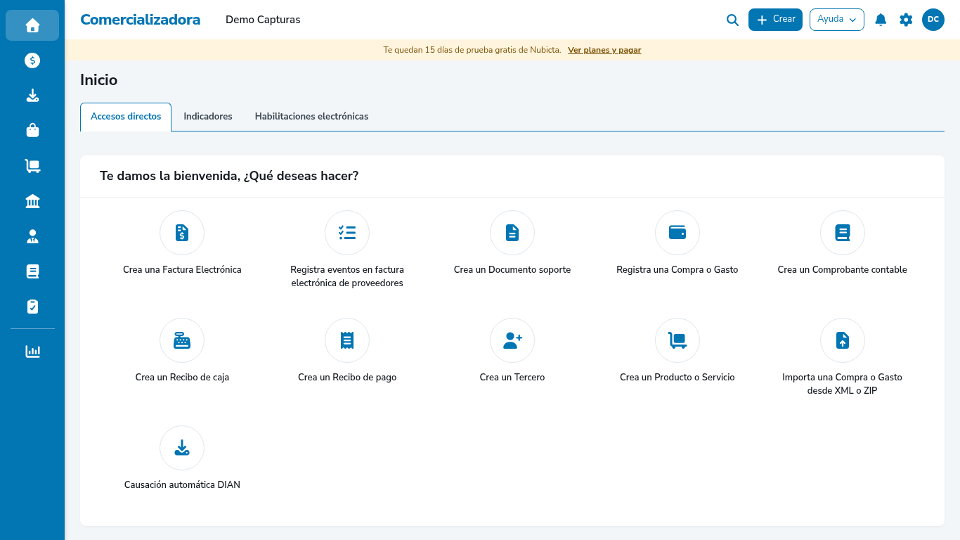 Pantalla de inicio de Nubicta con accesos directos a factura electrónica, compras, recibos y terceros