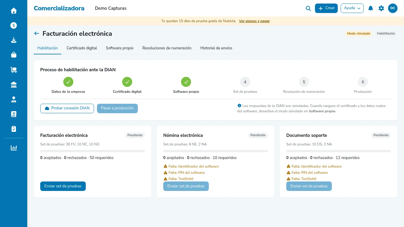 Pestaña Habilitación de Nubicta con los pasos del proceso ante la DIAN y el estado del set de pruebas