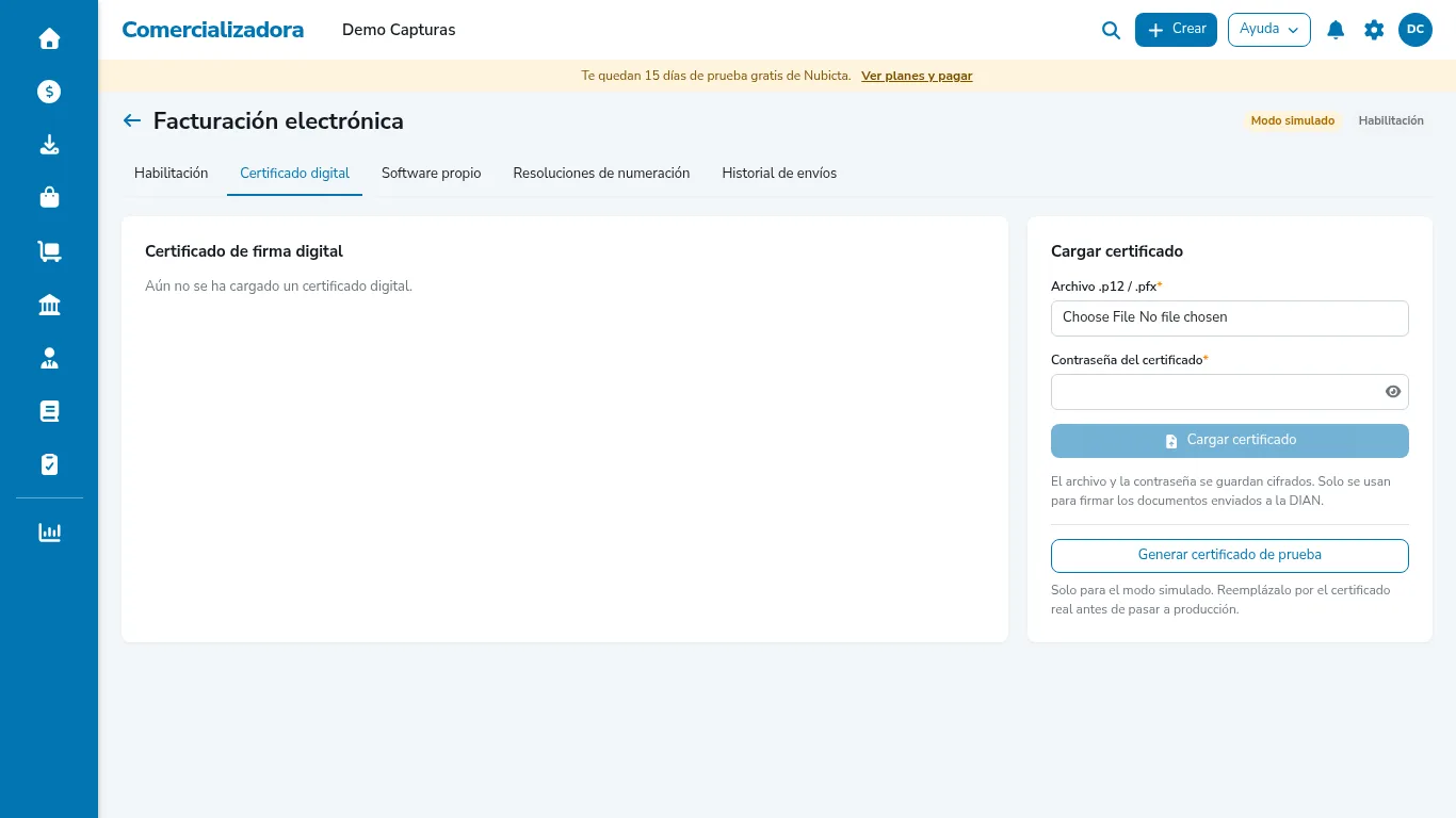 Formulario para cargar el certificado digital .p12 o .pfx con su contraseña en Nubicta