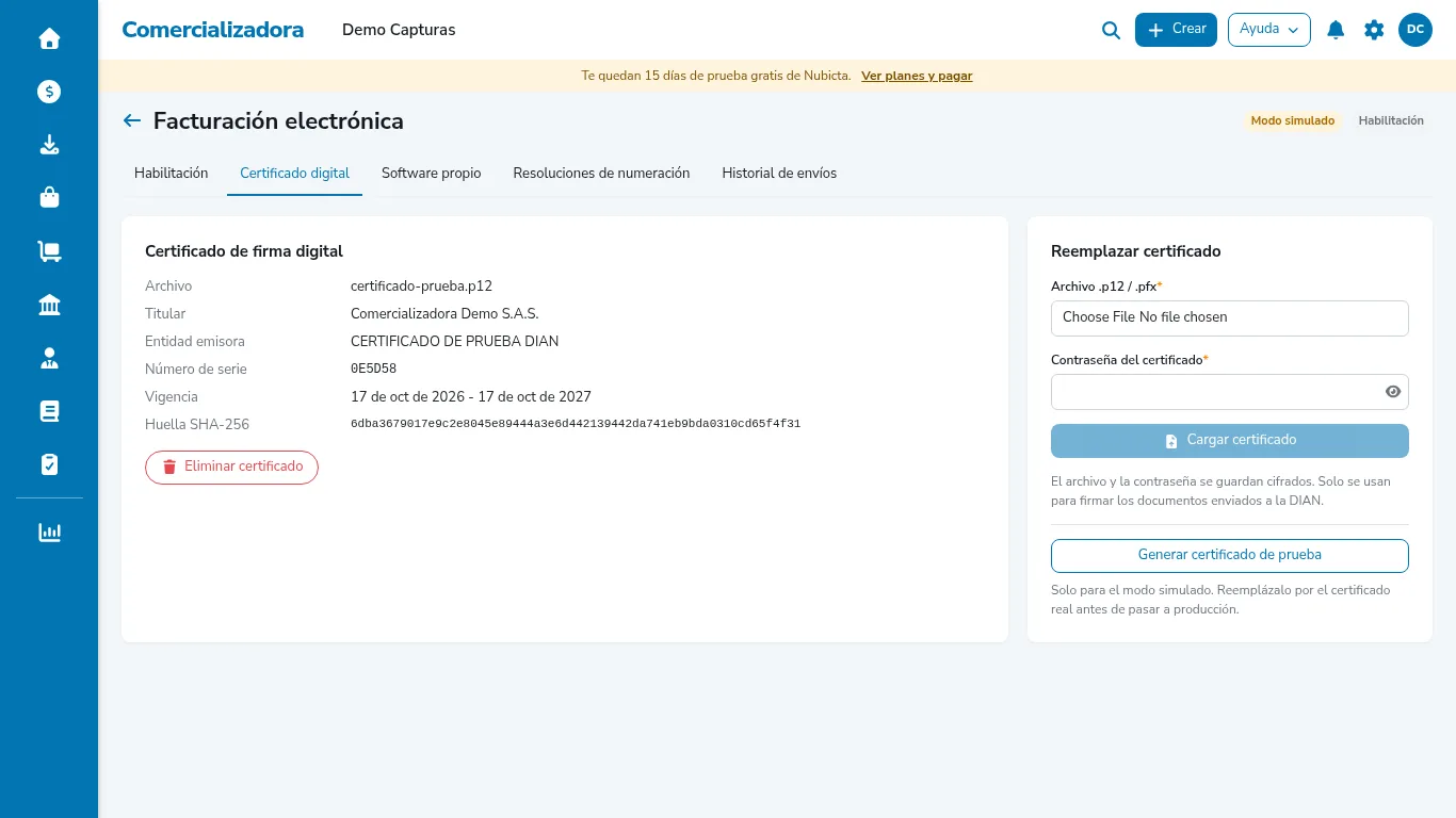 Datos del certificado digital cargado: titular, entidad emisora, número de serie y vigencia