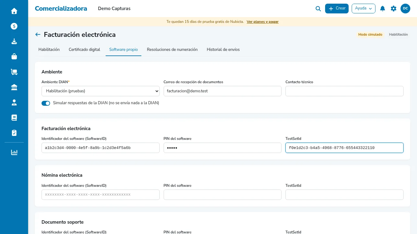 Pestaña Software propio con los campos SoftwareID, PIN, TestSetId y ambiente DIAN