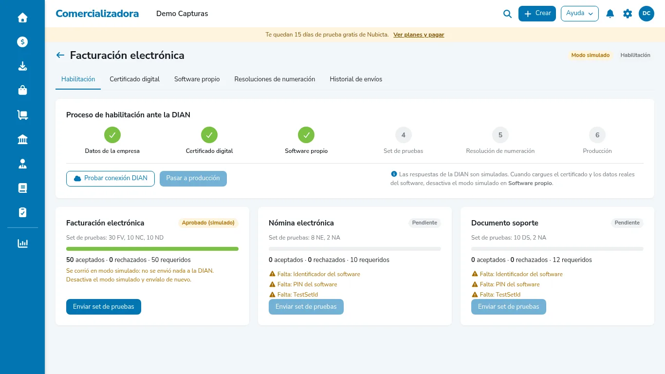 Set de pruebas de factura electrónica aprobado con el conteo de documentos aceptados
